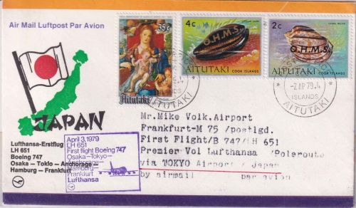 Aitutaki - 2+4 C. Pazifikmuscheln Überdruck OHMS u.a. Luftpostbrief 1979