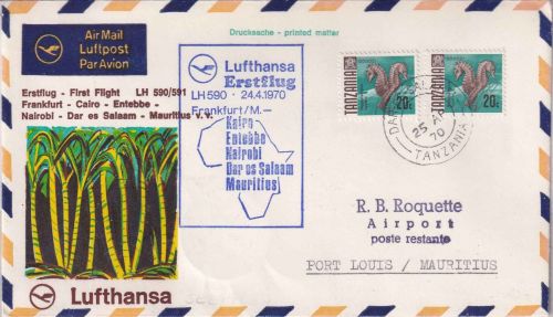 Tanzania - 2x20 C. Seepferdchen Luftpostbrief/LH-Erstflug Dar Es Salam 1970