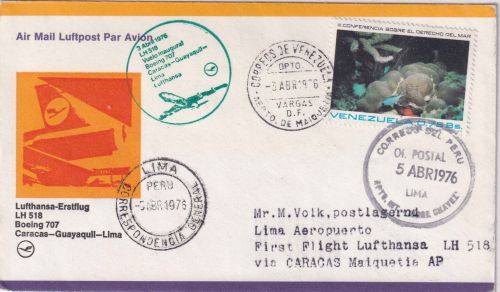 Venezuela - 75 C. Korallenriff Luftpostbrief/LH-Erstflug Caracas/Lima 1976