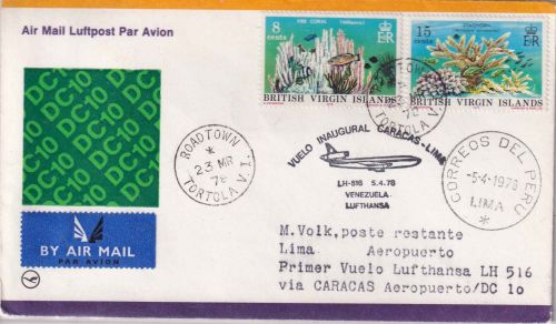British Virgin Island - 15+8 C Korallen Luftpostbrief/LH-Erstflug Zuleitung 1978