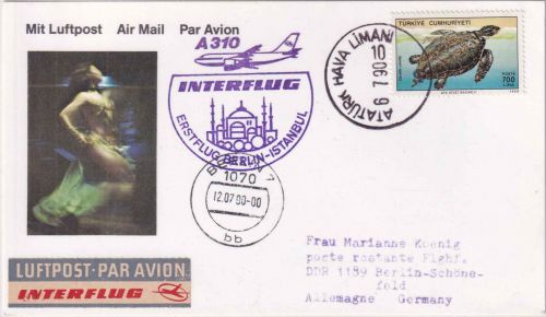 Türkei - 700 L. Meeresschildkröte Lupo-Karte IF-Erstflug Istanbul - Berlin 1990