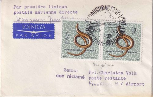 Polen - 2x90 Gr. Blindschleiche Lupo-Drucksache/LOT-Erstflug Warschau - FFM 1965