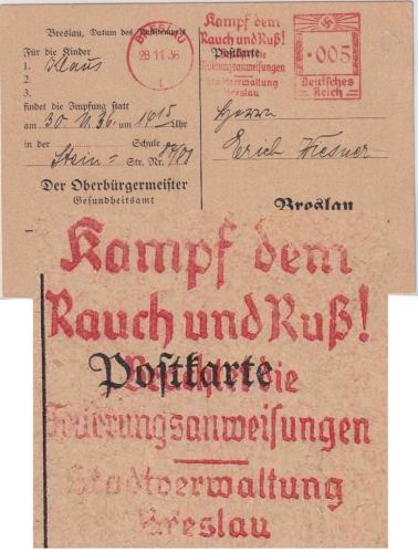 DR - Breslau 1936 "Kampf dem Rauch und Ruß!" 5 Pfg. AFS Ortskarte