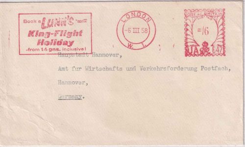 England - London 1958 6 P. AFS "Lunns King-Flight Holiday" Brief n. Hannover
