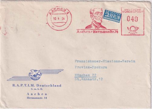 BRD - Aachen 1954 40 Pfg. AFS "RAPTIM" (Humanitarian Travel) Brief n. München