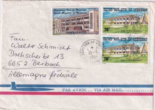 Kamerun - 10+2x70 Fr. Rathäuser Luftpostbrief Bamenda-Up-Station - Bexbach 1984