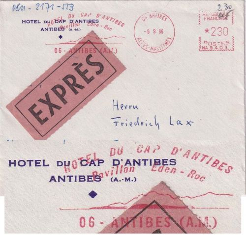 Frankreich - Antibes 1966 2,30 Fr. AFS "Hotel Du Cap D'Antibes" Eilbrief n. Gars
