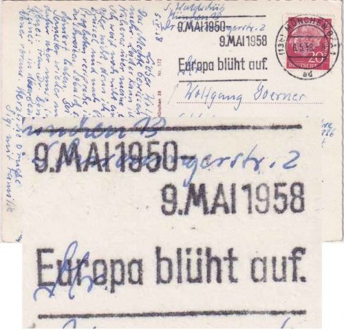 BRD - München 1958 "Europa blüht auf" Masch.werbestpl. Karte n. FRANKREICH