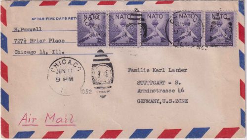 USA - 5x3 C. 3 J. NATO Luftpostbrief Chicago - Stuttgart 1952