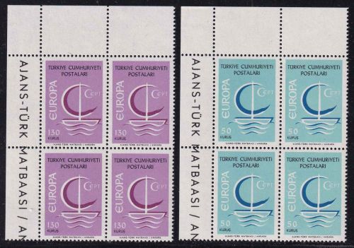 Türkei - Europa/Cept 1966 50+130 K. 4er-Block/Bogenecke postfrisch