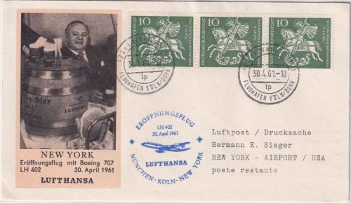 BRD - 3x10 Pfg. 50 J. Pfadfinder Luftpostbrief/LH-Erstflug Wahn - New York 1961