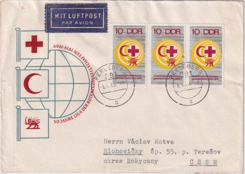 DDR - 3x10 Pfg 50 J. Rotes Kreuz Liga Luftpostbrief/Schmuckkuvert Perleberg 1969