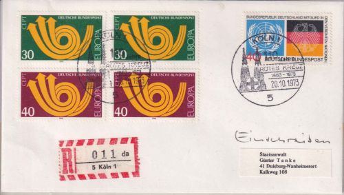 BRD - Köln 1973 110 J. Rotes Kreuz SST Einschreibebrief n. Duiburg