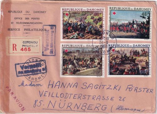 Dahomey - Rotes Kreuz Flugpost-Ausg./4 Werte Einschreibebrief Cotonou 1968