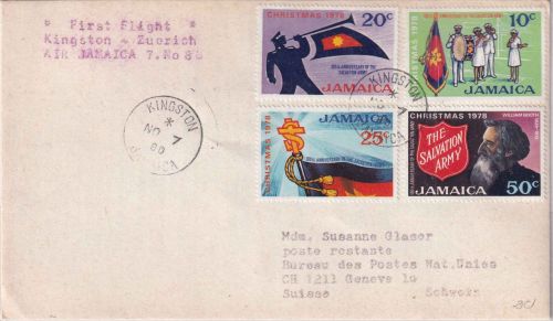 Jamaica - 100 J. Heilsarmee (Satz) Luftpostbrief/Air Jamaica Erstflug 1980