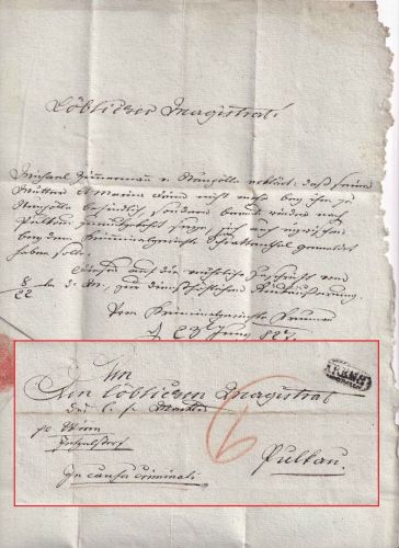 Österreich - Krems Ra1 (1827) Francobrief "Causa Criminale" n. Pulkau