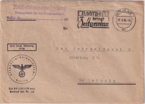 DR - Berlin 1939 Frei d. Ablösung Dienstbrief Reichskriminalpolizeiamt 1939