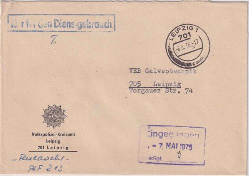 DDR - Leipzig 1975 portofr. Dienst-Ortsbrief Volkspolizei Kreisamt
