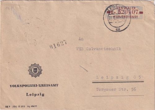 DDR - 10 Pfg. ZKD-Dienstmarke Ortsbrief Volkspolizei Leipzig 1959