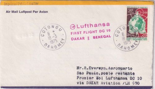Dahomey - 50 Fr. 50 J. Interpol Luftpostbrief/LH-Erstflug Zuleitungspost 1975