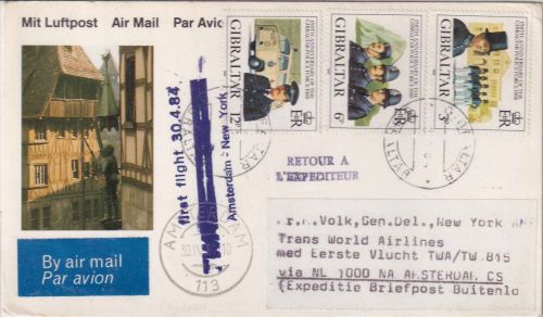 Gibraltar - 12+6+3 P. 150 J. Polizei Lupokarte/Zuleitungspost TWA-Erstflug 1984