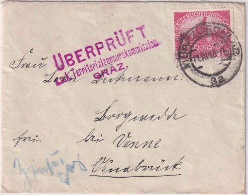 Österreich - 10 H. Artillerie Zensurbrief Mürzzuschlag - Borgwedde b. Venne 1916