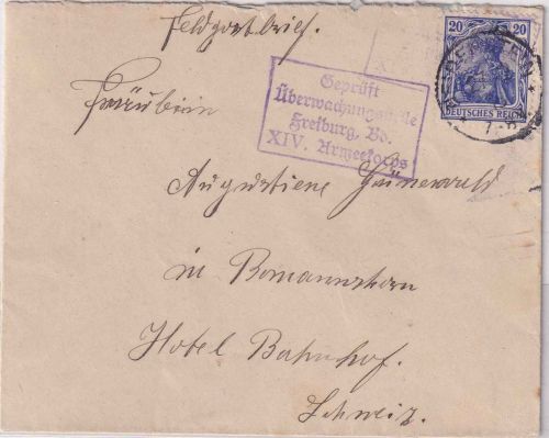DR - 20 Pfg. Germania Zensurbrief i.d. SCHWEIZ K1 Neidenstein - Romannshorn 1915