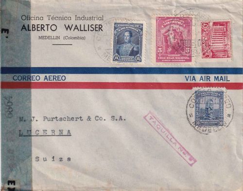 Kolumbien - 5 C. Rotes Kreuz Zwangszuschlagsmarke u.a. Luftpost-Zensurbrief 1945