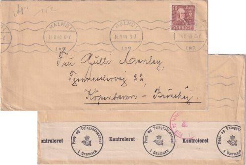 Schweden - 15 Ö. Linne Zensurbrief n. DÄNEMARK Malmö - Kopenhagen 14.8.1940