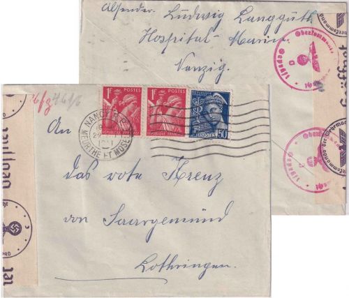 Frankreich - 2x1 Fr. Iris u.a. Zensurbrief Nancy - Saargemünd 1941