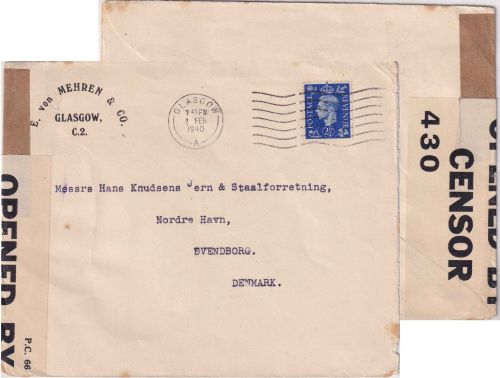 England - 2 1/2 P. George VI. Zensurbrief n. DÄNEMARK Glasgow - Svendborg 1940