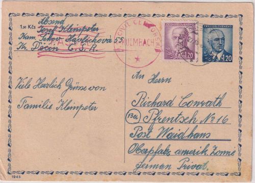 CSSR - 1,20 K. Benesch Ganzsache+Zusatz Kamenicky - Waidhaus 1947 Zensur