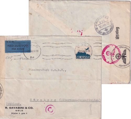 Norwegen - 45 Ö. Burg Akershus Luftpost-Zensurbrief Oslo - Nürnberg 1940