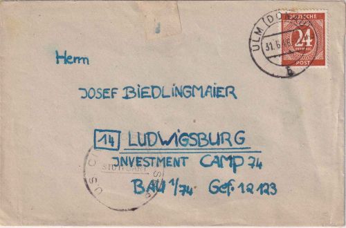 All.Bes. - 24 Pfg. Ziffer Zensurbrief Ulm - Internierungslager Ludwigsburg 1946