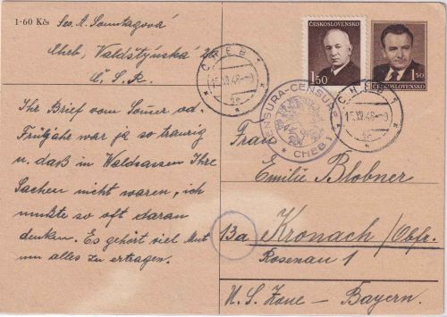 CSSR - 1,50 K. Gottwald Ganzsache + Zusatz Cheb - Kronach 1948 Zensur Cheb