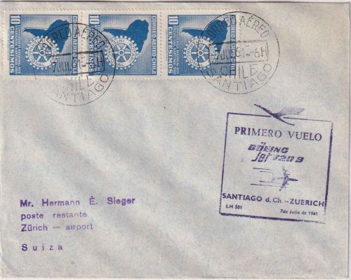 Chile - 3x10 C. Rotary Südamerika-Konferenz Luftpostbrief/LH-Erstflug 1961