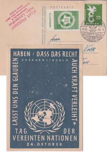 BRD - Köln-Deutz 1958 SST Vereinte Nationen Sonderkarte + Spendenvignette