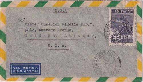 Brasilien - 3,80 Cr. 39. Int. Rotary-Kongress Luftpostbrief n. USA Rossario 1950