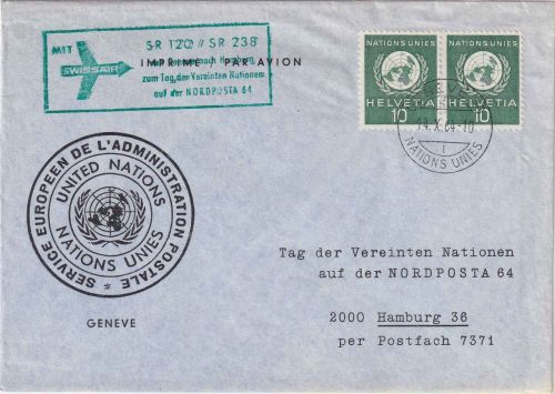 UNO Genf - 2x10 C. Luftpostdrucksache Sonderflug n. Hamburg/NAPOSTA 1964