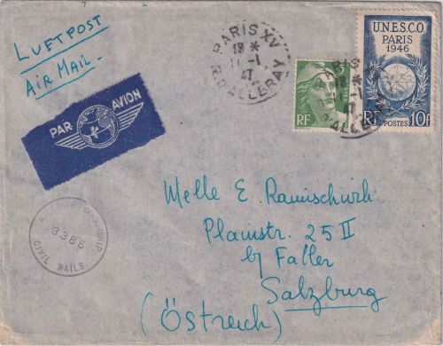 Frankreich - 10 Fr. UNESCO-Konferenz u.a. Luftpostbrief n. ÖSTERREICH Paris 1947