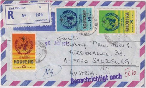 Rhodesien - 100 J. IMO-WMO Satz Luftpost-Einschreibebrief Salisbury 1973