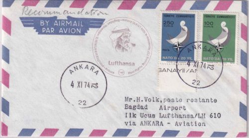 Türkei - 100+250 K. 20 J. Nato-Mitgliedschaft Luftpostbrief/LH-Erstflug 1974