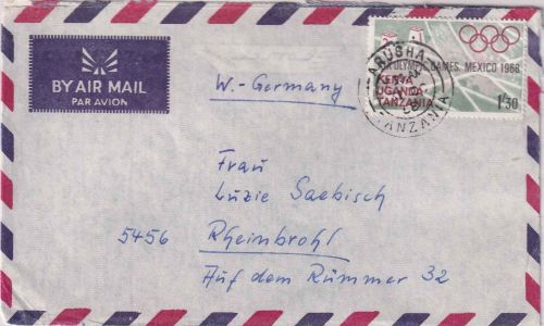 Ostafrik. Gemeinschaft - 1'30 Sh. Olympiade Mexico Luftpostbrief Arusha 1968