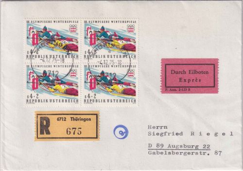 Österreich - 4x4 S. Biathlon Eil-Einschreibebrief Thüringen - Augsburg 1975