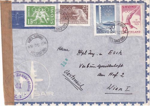 Finnland - Olympiade Helsinki Satz Luftpost-Zensurbrief n. ÖSTERREICH 1952