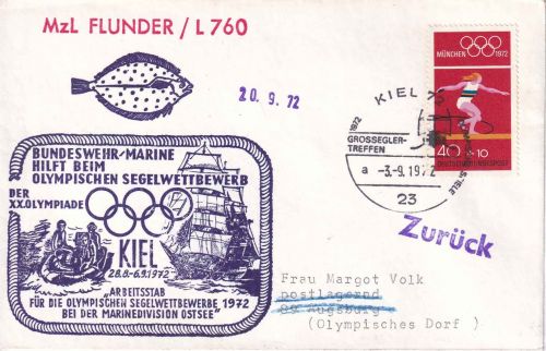 BRD - Kiel 1972 Großseglertreffen SST + Cachet Bundesmarine MzL Flunder/L 760