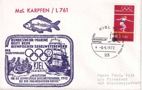 BRD - Kiel 1972 Großseglertreffen SST + Cachet Bundesmarine MzL Karpfen/L 761