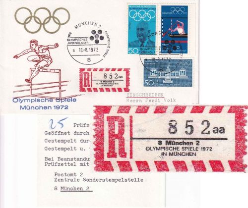 BRD - München Olympiade 1972 SST Jugendlager Einschreibebrief Sonder-R-Zettel