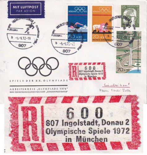 BRD - Olympiade 1972 Privatganzsache/Einschreibebrief Sonder-R-Zettel Ingolstadt