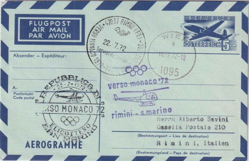 Österreich - 5 S. Ganzsache/Aerogramme Zuleitungspost/Hubschrauberpost Wien 1972